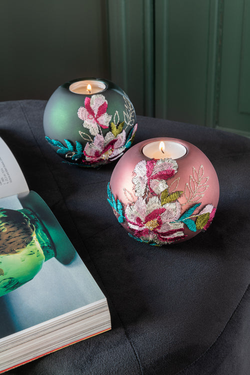 J-Line theelichthouder Geborduurde Bloem - glas - roze - 4 stuks