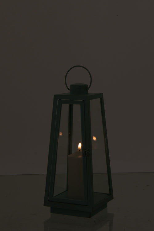 J-Line lantaarn + kaars - glas - turkoois - medium - LED lichtjes