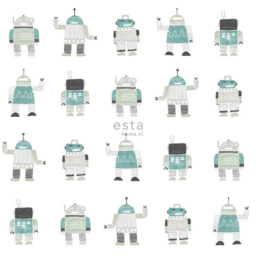ESTAhome behang getekende vintage speelgoed robots mintgroen en blauw - 53 cm x 10.05 m - 138938
