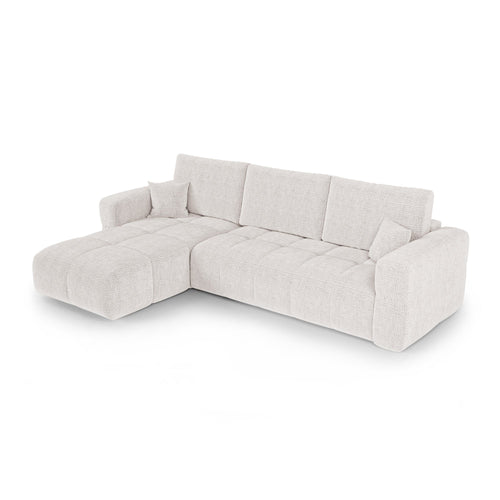 Premium Interiors - Linkshoekbank met slaapfunctie en opbergruimte VIBE - zacht aanvoelende geweven stof crème 286cm