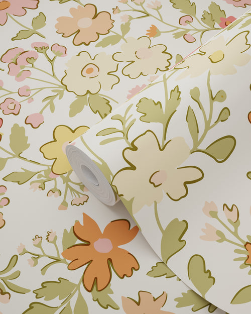 ESTAhome behang bloemetjes roze, groen, geel en oranje - 50 x 900 cm - 131326 - vtwonen shop