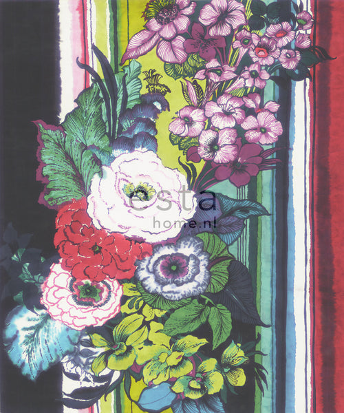 ESTAhome fotobehang bloemen zwart, rood, blauw, wit en groen - 232.5 x 279 cm - 158115 - vtwonen shop