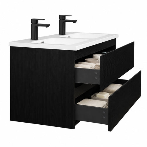 Badplaats Badkamermeubel Set Angela 120 cm – Zwart Houtnerf – Badmeubel met Wastafel