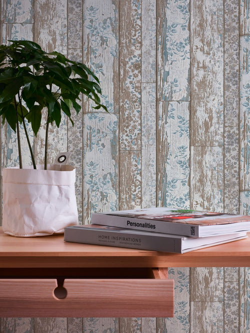 A.S. Création behang verweerde houten planken lichtblauw en beige - 53 cm x 10.05 m - AS-361191