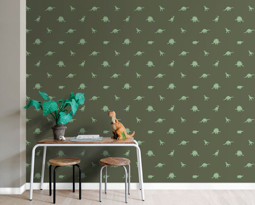 ESTAhome behang dinosaurussen donkergroen - 50 x 900 cm - 131802