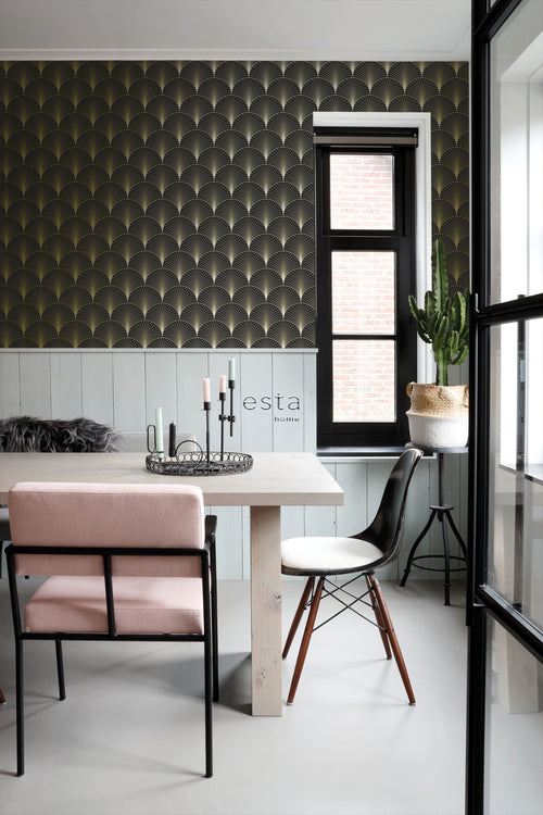 ESTAhome behang art deco motief zwart en goud - 53 cm x 10.05 m - 139457