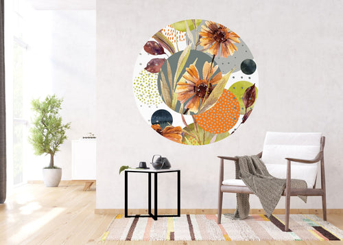 Sanders & Sanders zelfklevende behangcirkel bloemen groen, oranje en grijs - Ø 140 cm - 601143