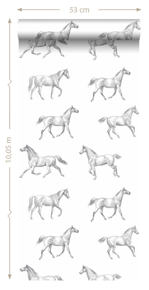 ESTAhome behang getekende paarden zwart op wit - 53 cm x 10.05 m - 128807