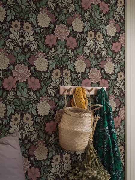 Borastapeter behang vintage bloemen in art nouveau stijl donkergroen en roze - 53 cm x 10.05 m - 660404 - vtwonen shop