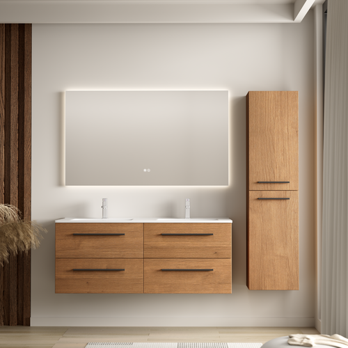 LOMAZOO badmeubelset Navero - met hoge kast & witte wastafel - warm eiken - 120 cm