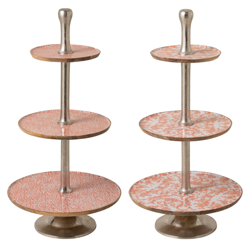 J-Line plateau 3 Niveaus - hout - oranje/wit - set van 2