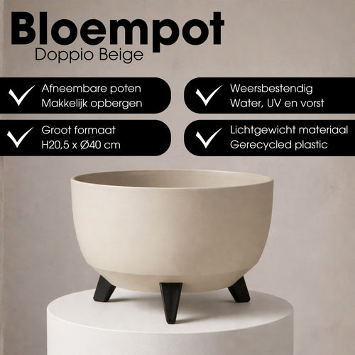 Mica Decorations Doppio Plantenbak op Poten - 20,5 x Ø40 cm - Plantenbakken voor Buiten - Bloembakken voor Balkon - Gerecycled Plastic - Beige