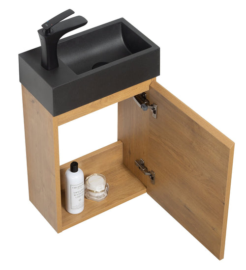 Badplaats Toiletmeubel Angela 40 x 22 cm – Eiken – Fonteinmeubel met Zwarte Wastafel