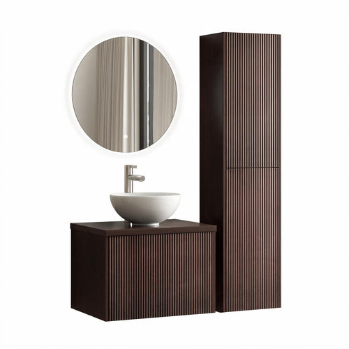 LOMAZOO badmeubelset Tropani - geribbeld - opbouw - met hoge kast & witte waskom - walnoot - 60 cm