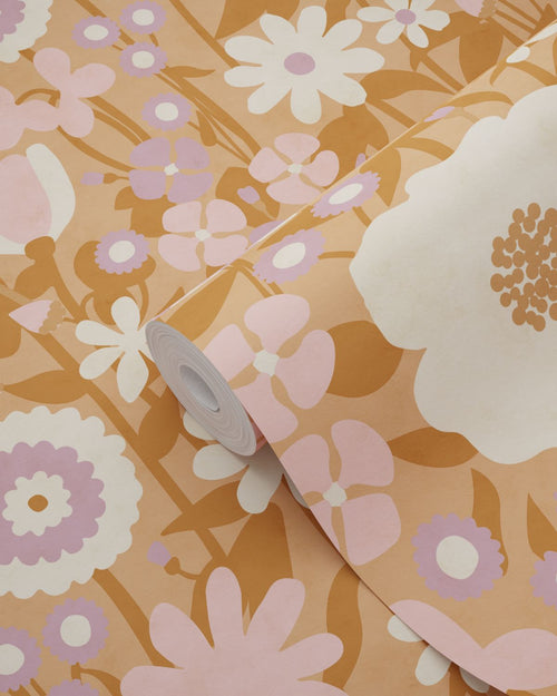 ESTAhome behang retro bloemen terracotta bruin, roze en paars - 50 x 900 cm - 132161