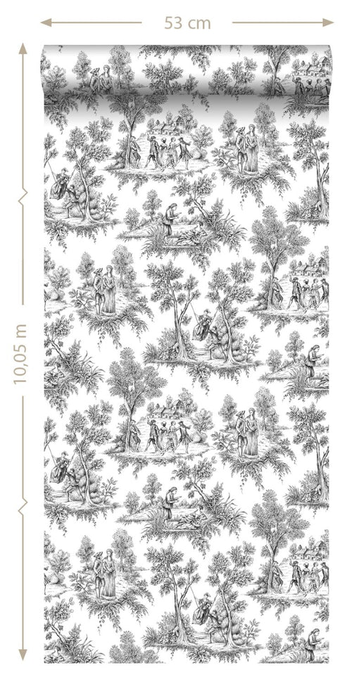 ESTAhome behang toile de jouy print zwart - 53 cm x 10.05 m - 136820