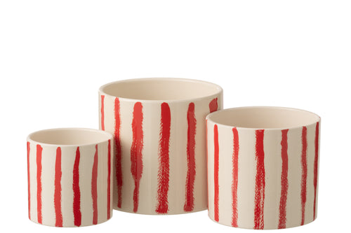 J-Line bloempot Gestreept - keramiek - wit/rood - set van 3