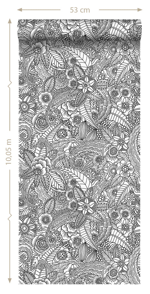 ESTAhome behang bloemtekeningen zwart en wit - 53 cm x 10,05 m - 148616