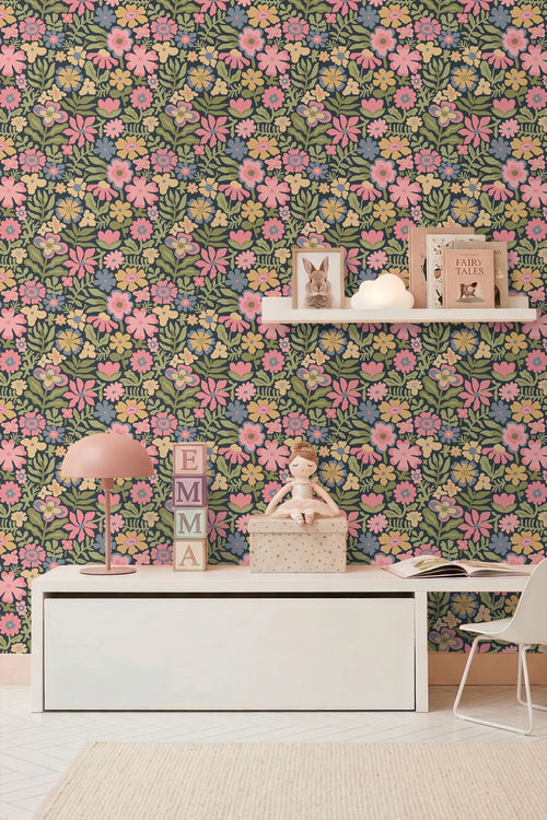 ESTAhome behang bloemetjes blauw, groen en roze - 50 x 900 cm - 132292