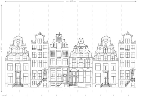 ESTAhome fotobehang getekende Amsterdamse grachtenhuisjes zwart en wit - 450 x 279 cm - 159104 - vtwonen shop