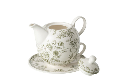 J-Line theepot Bloemen - keramiek - donkergroen/wit