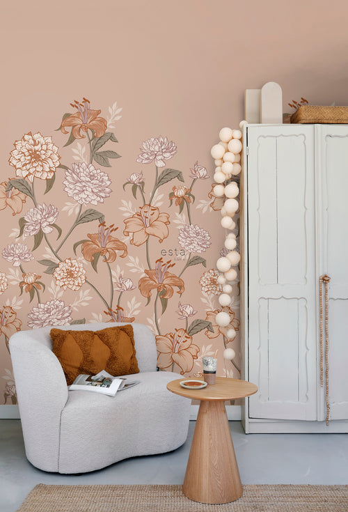 ESTAhome fotobehang vintage bloemen oudroze en terracotta - 150 x 279 cm - 159210 - vtwonen shop