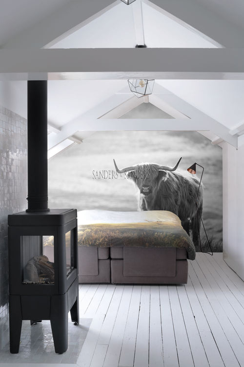 Sanders & Sanders fotobehang schotse hooglander zwart wit - 300 x 279 cm - 950001