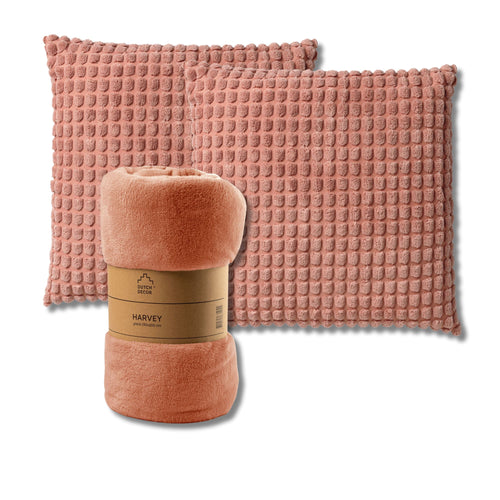 Dutch Decor - VOORDEELSET - 3-delig - Rome & Harvey - 2 sierkussens 45x45 cm - 1 plaid 150x200 cm - roze - vtwonen shop