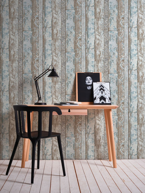 A.S. Création behang verweerde houten planken lichtblauw en beige - 53 cm x 10.05 m - AS-361191