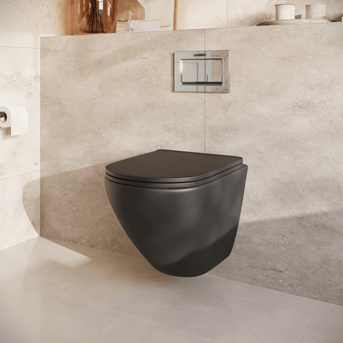 LOMAZOO hangtoiletset Linea - met inbouwreservoir & vierkante drukplaat - rond - chroom / zwart