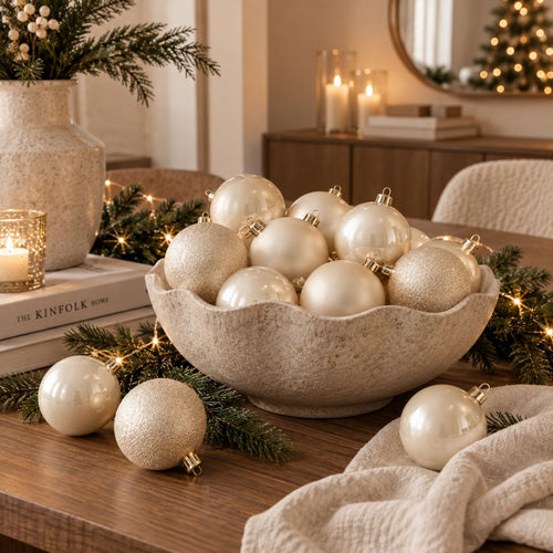 Mica Decorations Bal Onbreekbaar Creme 46 Stuks - Kerstballenset van Kunststof - Diameter 8 cm per Bal - Onbreekbaar en Veilig voor Kinderen en