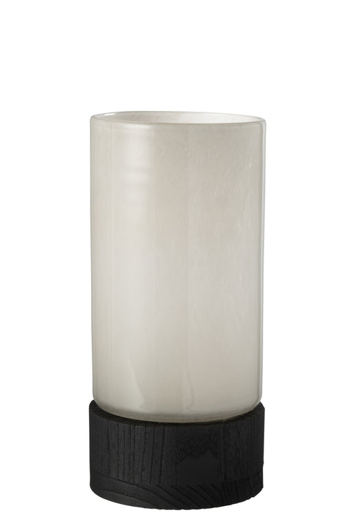 J-Line windlicht/vaas Ray - glas/hout - wit/zwart - medium - 29.5 cm hoog