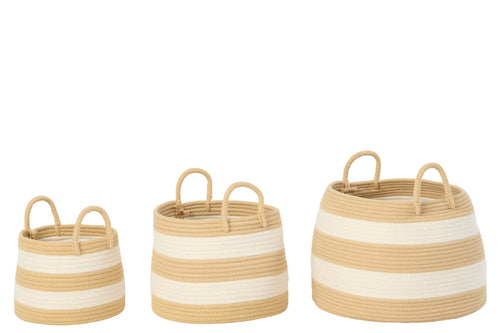 J-Line mand met handvat Rond Gestreept - polyester - naturel/wit - set van 3
