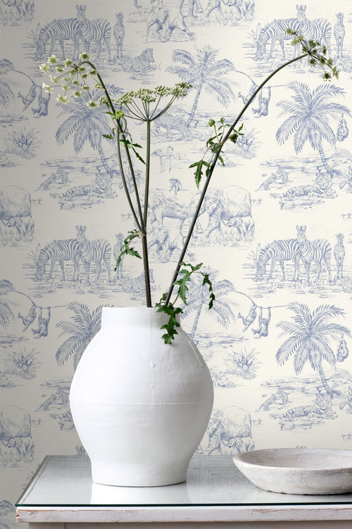 ESTAhome behang jungle dieren blauw en wit - 50 x 900 cm - 132121