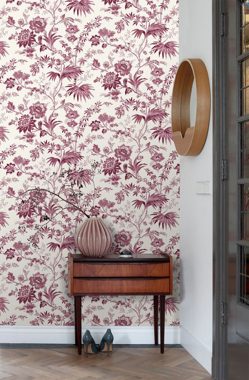ESTAhome behang vintage bloemen bordeaux rood en wit - 50 x 900 cm - 132099