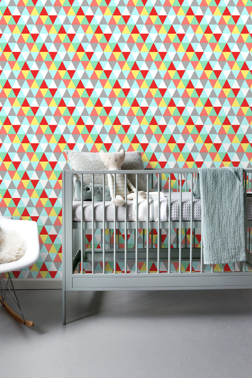 ESTAhome behang driehoekjes rood, geel en blauw - 53 cm x 10.05 m - 138715