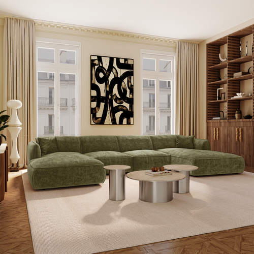 Premium Interiors - Panoramische bank LOMI - gewaafd fluweel vintage groen 346cm