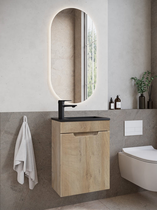 Badplaats Toiletmeubel Thermis 40 x 22 cm – Licht Eiken – Fonteinmeubel met Zwarte Wastafel