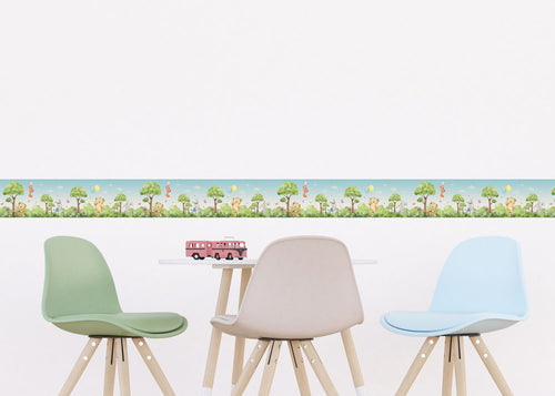 Sanders & Sanders zelfklevende behangrand bos met bosdieren groen en blauw - 500 x 9.7 cm - 601301 - vtwonen shop