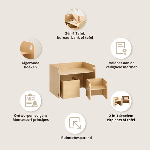 Petite Amélie Houten kindertafel met 2 stoeltjes Ellipse – Naturel – Montessori-geïnspireerd - Kindvriendelijk & Ruimtebesparend - vtwonen shop