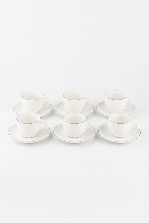 vtwonen - Kop en Schotel - Wit/Blauw Lijn - 250ml - Set van 6