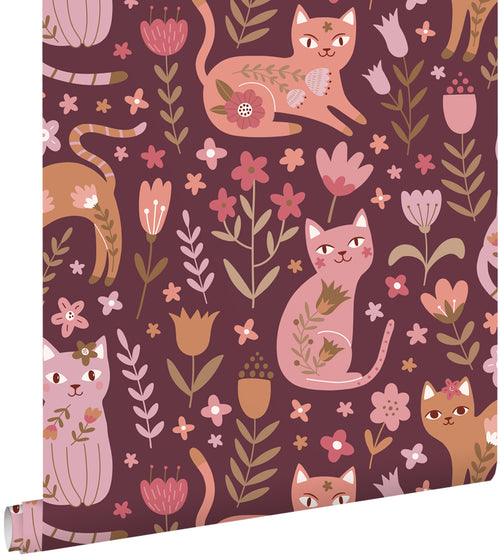 ESTAhome behang katjes aubergine paars en roze - 50 x 900 cm - 132183
