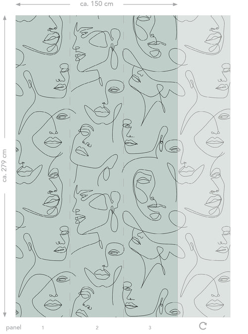 ESTAhome fotobehang line art gezichten vergrijsd groen - 150 x 279 cm - 158957