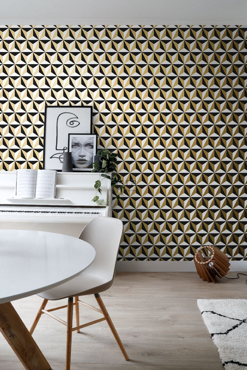 ESTAhome behang grafisch motief glanzend goud, wit en zwart - 53 cm x 10.05 m - 139118
