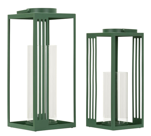 Set van 2 groene metalen lantaarns 18x18x43,5 - 15x15x36,5 cm