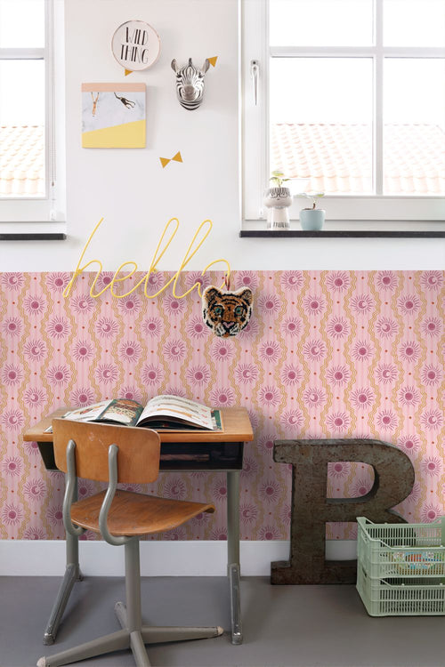 ESTAhome behang zonnetjes paars, roze en geel - 50 x 900 cm - 131712