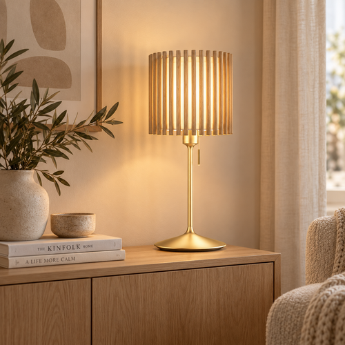 Umage Komorebi Medium lampenkap natural oak met Sante tafellamp standaard goud - Ø 29 cm
