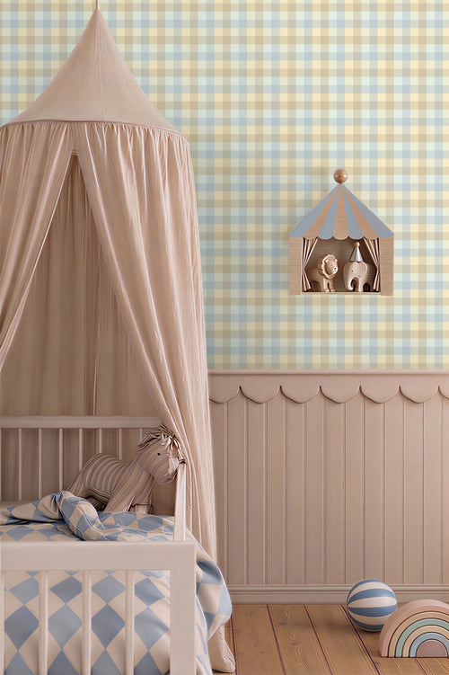 ESTAhome behang ruiten blauw en beige - 50 x 900 cm - 132067