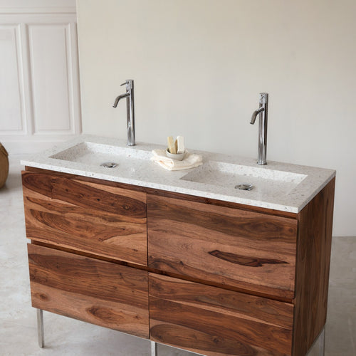 Tikamoon Badkamermeubel van massief palissander en moon premium terrazzo 120 - Wit - vtwonen shop