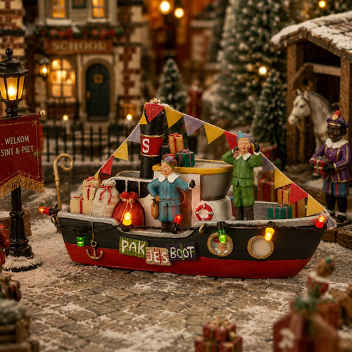 Luville Pakjesboot Small - Miniatuur Kerstdorp Decoratie met Verlichting - Werkt op Batterijen voor Flexibele Plaatsing - Gemaakt van Polyresin - L13